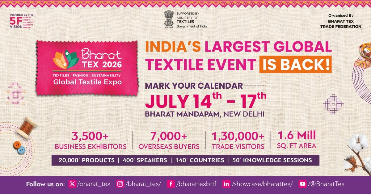 Seizing the Global Moment: Why Bharat Tex 2026 Is the Definitive Stage for Indian Textile Ecosystem. biggest textile trade show in India. find textile buyers. textile b2b show. daily news.