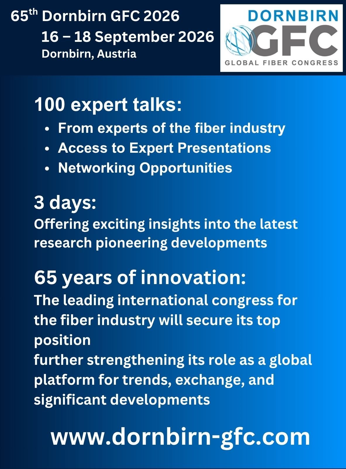 Dornbirn GFC celebrates success: 65 Years of Innovation – The Leading Fiber Industry Congress. best fiber producers. innovative fibers. fiber congress. fiber networking. daily fiber news.